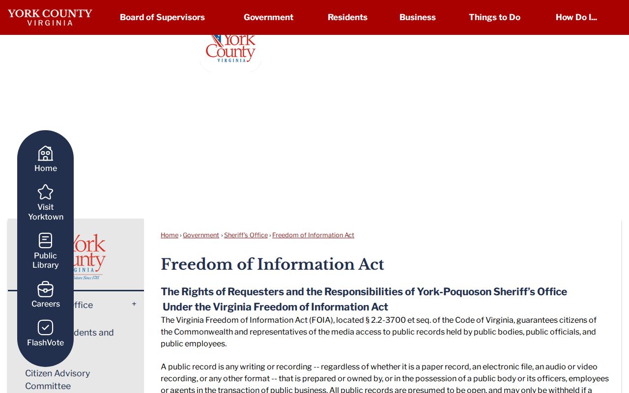 York County arrest records request categories on the YPSO FOIA page
