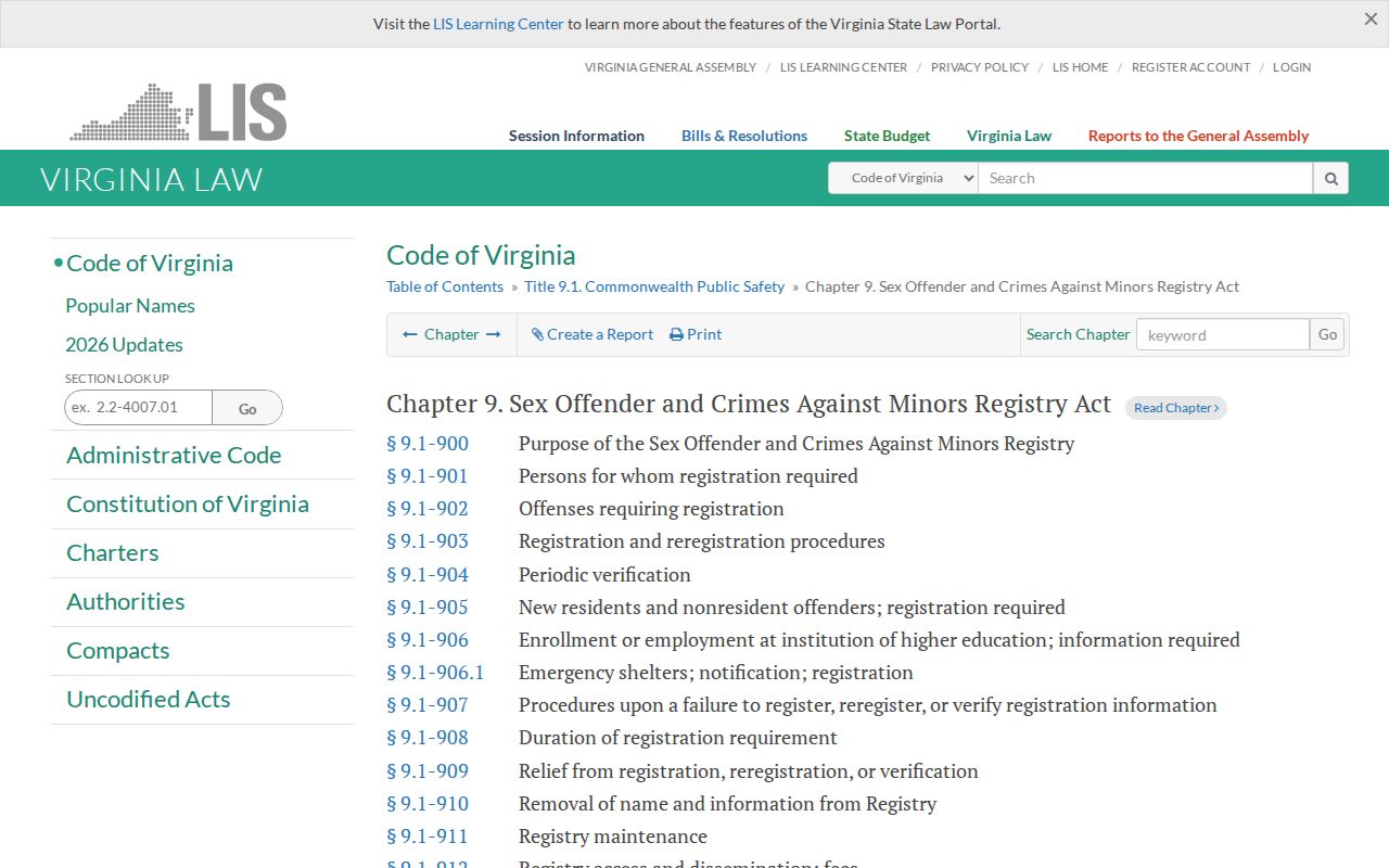Virginia registry statute governing York County sex offender registration levels and duties