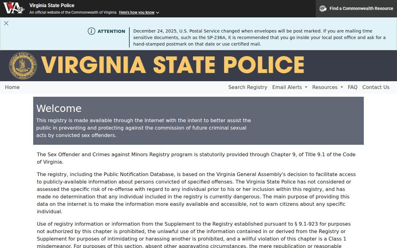 York County sex offender registry search interface on the Virginia State Police portal